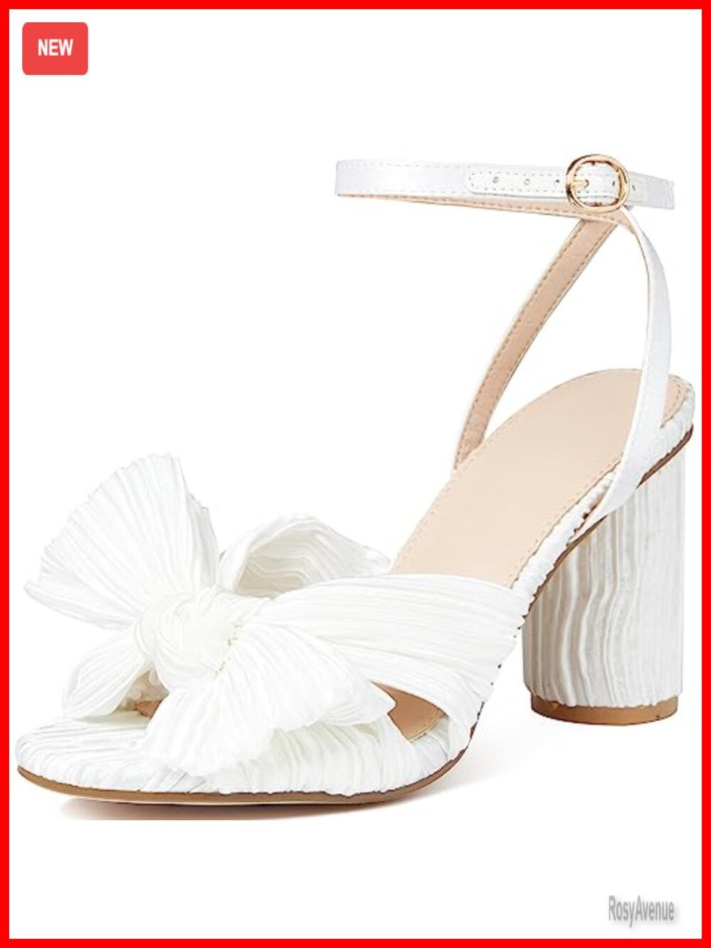 Pleated Bow Open Toe Ankle Strap Chunky Heeled Sandals Wedding Heels